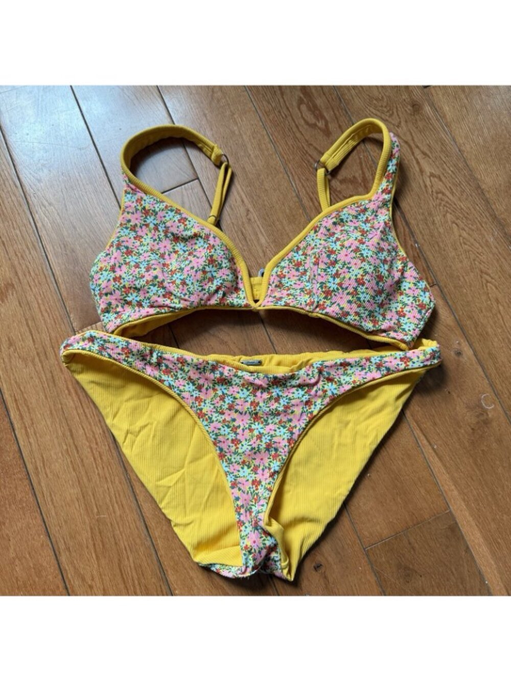 Maaji Sunflower Flirt Floral Yellow Ribbed Bikini Set Triangle Top S/M - Picture 2 of 8